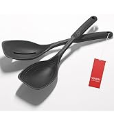 2 Pack Large Silicone Cooking Spoon, Non-Stick Slotted and Solid Spoon set with Deep Bolw and Mea...