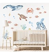 funlife Watercolor Wall Decals Peel and Stick, Ocean Animals Wall Stickers, Under The Sea Wall De...