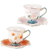 KAMMAK Tea Cups and Saucers Set of 2, Porcelain Coffee Cups, Stackable Espresso Mugs, Ceramic Dem...