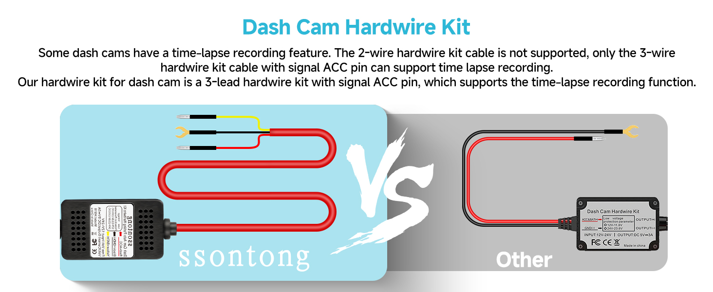 Comparison of two dash cam hardwire kits. Left shows Ssontong's 3-lead kit with ACC pin, right shows a simpler 2-lead alternative without ACC support.