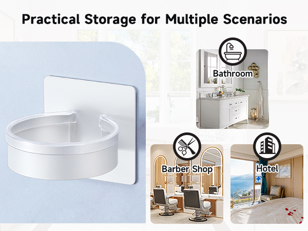 Text reads 'Practical Storage for Multiple Scenarios'. Collage showing white bathroom storage solutions including wall-mounted holders, shelves and organizers in various room settings.
