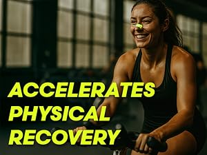 Text reads: 'ACCELERATES PHYSICAL RECOVERY' in neon yellow text against dark background. Athletic scene showing person in workout attire.