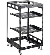 15U Open Frame Rack for Server & AV Devices 4 Post Wall Mountable Network Rack with 4X Casters, 2...