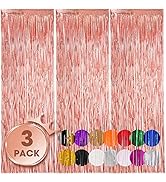 Voircoloria 3 Pack 3.3x8.2 Feet Rose Gold Foil Fringe Backdrop Curtains, Tinsel Streamers Birthda...