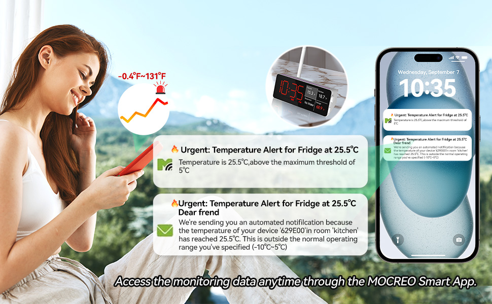 remote temperature monitor offers app notification, email alerts, 80dB hub beep