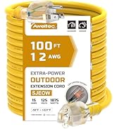 AWELTEC 12 Gauge 100 feet Extension Cord Pure Copper Outdoor,12/3 Gauge Heavy Duty, Waterproof & ...