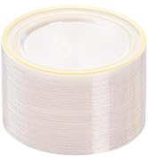 BESTVIP 100PCS Clear Plastic Plates, 10.25 Inch Disposable Dinner Plate Party with Gold Rim, Heav...