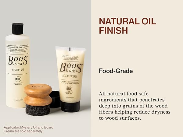 Cutting Board Care and Maintenance - Oil, Cream and Applicator. Text reads: Natural Oil Finish