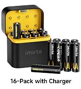 imuto Rechargeable AA Batteries with Charger, 3000mWh aa Lithium 16 Pack