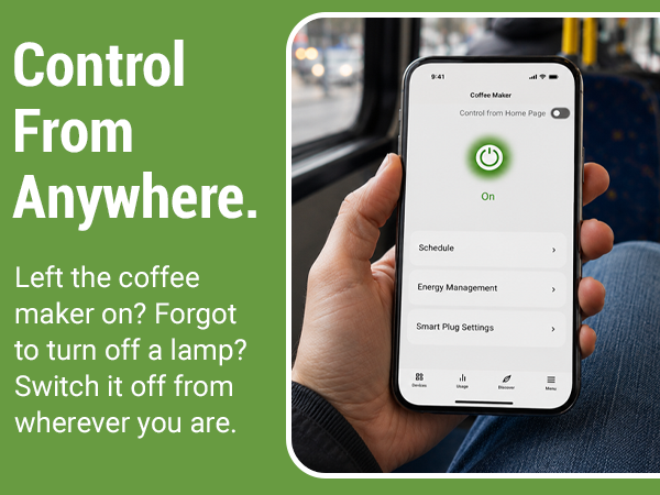 Person on a bus using the Emporia app to remotely control a smart plug from anywhere.