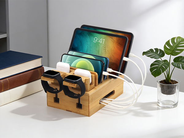 Bamboo charging station organizer for multi devices