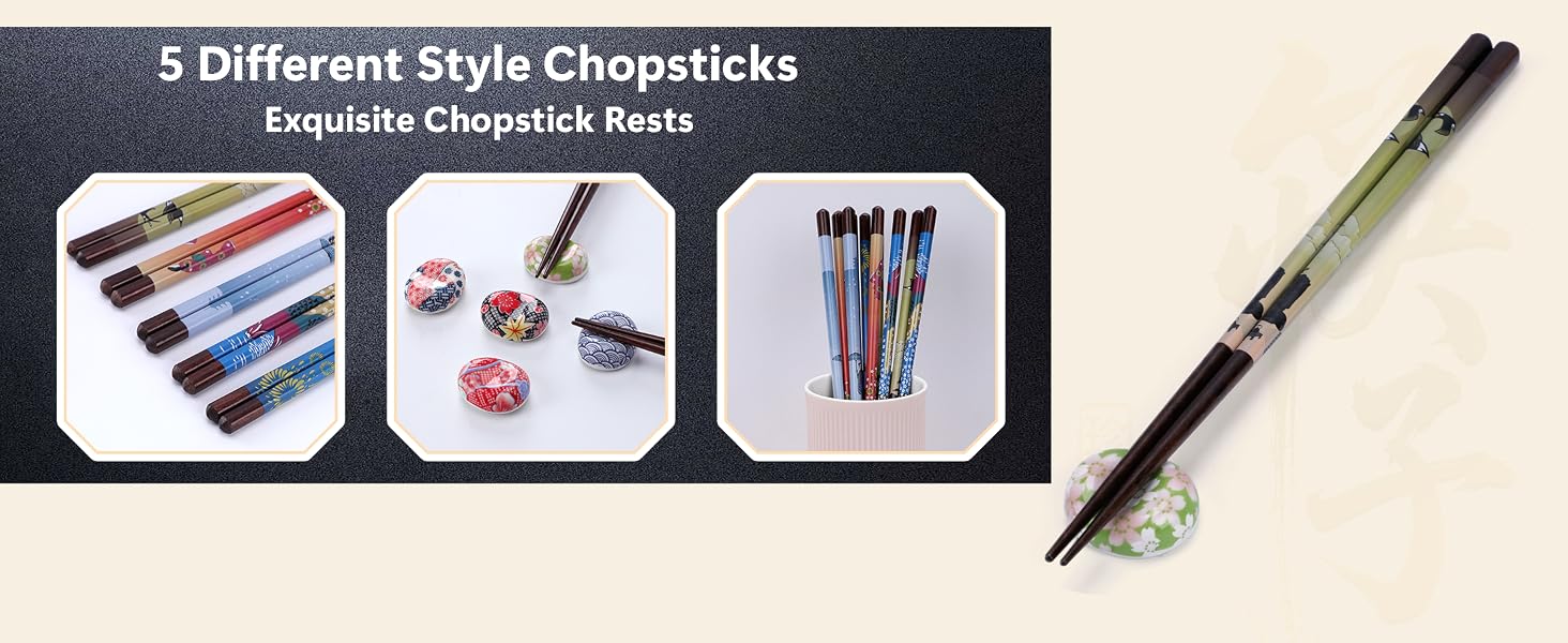 Reusable Wooden Chopsticks AND Ceramic Rests Set