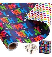 woric Reversible Birthday Wrapping Paper Roll 17 Inch x 36 Feet Happy Birthday Lettering Gift Wra...