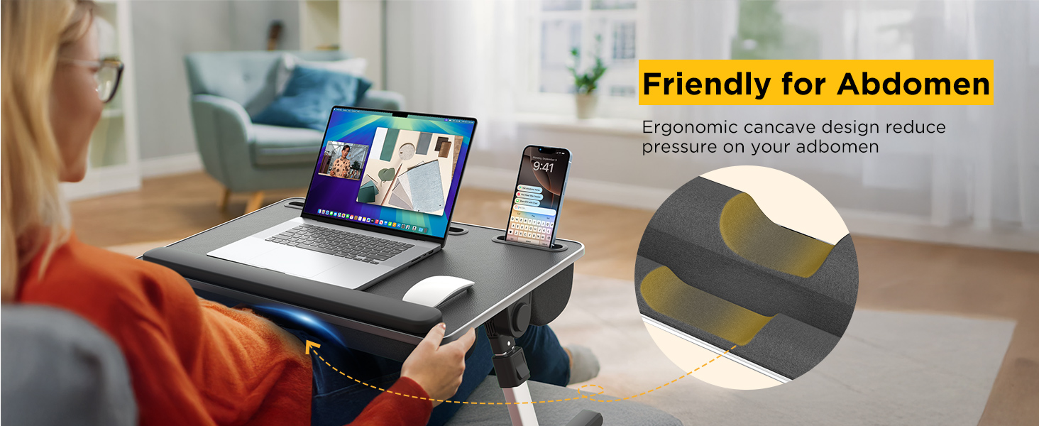 Woman relaxing with an ergonomic lap desk for laptop featuring abdominal support curve.