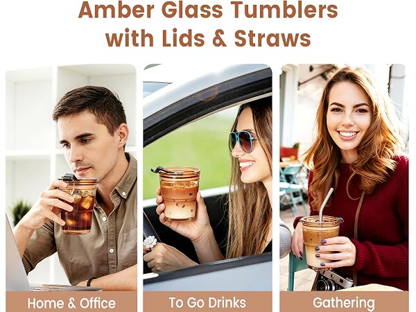 Glass Cups with Straws and Lids