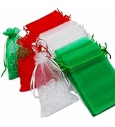 PMLAND 60-Piece Assorted Colors Organza Mesh Drawstring Bags (4x6 Inches) - Christmas Red Green W...