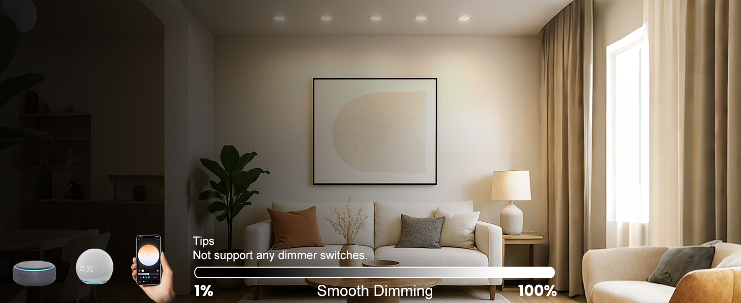 Enjoy the unique 1%-100% smooth dimming feature of the smart lights