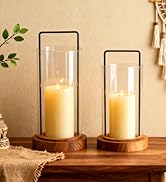 Houmury Set of 2 Hurricane Candle Holders Lantern 12” & 10”with Wood Base Metal Handle Glass Cyli...