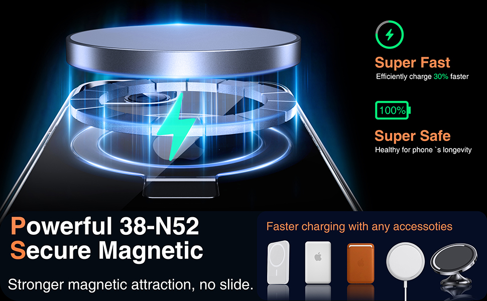 Wireless charging pad with blue glowing effect. Features include super fast charging, 100% super safe, and strong magnetic attraction for secure placement.