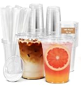 Homewarm 100 Pack 16oz Plastic Cups with Lids and Straws - Disposable Iced Coffee Cups with Lids ...