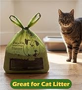 Text reads "Great for Cat Litter". Green drawstring bag with paw print design next to tabby cat indoors. Durable textile bag shown for pet waste containment.
