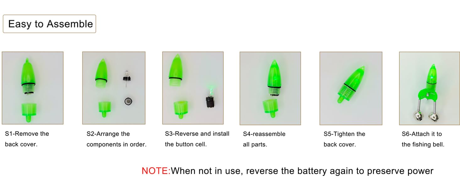 Six step installation clip bell attach LED flip battery for fishing pole bite alarm