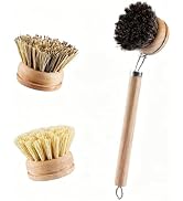 LAOMAND Bamboo Dish Brush with Handle, Kitchen Scrub Brushes 1 Wooden Handle with 3 Natural Heads...