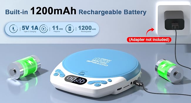Text reads "Built-in 1200mAh Rechargeable Battery", "5V 1A", "11+", "1200...", "Adapter not included". Portable CD player in blue and white with green battery indicators shown.