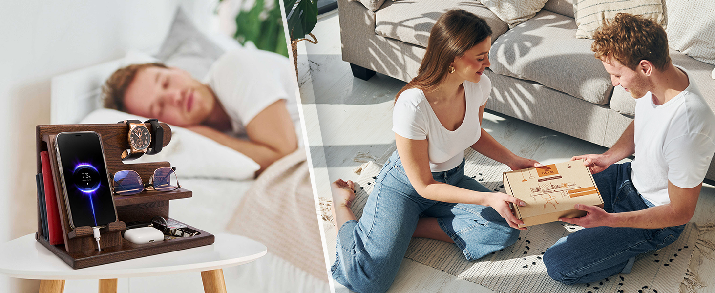 Split image: Left shows person using bedside device. Right shows couple sitting on floor with pizza box, using similar device on coffee table.