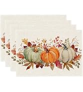 RABUSOFA Orange Pumpkins Eucalyptus Leaves Fall Placemats Set of 4, 12x18 Inch Autumn Thanksgivin...