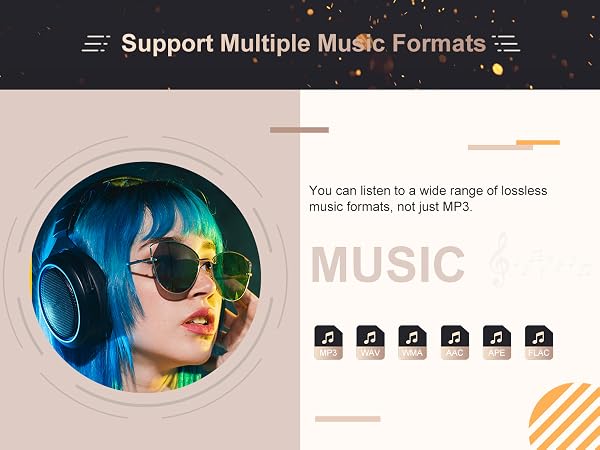 Split image: Left shows person wearing headphones. Right lists supported music formats including MP3, WAV, FLAC, AAC, and APE, emphasizing multiple format compatibility.