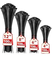 Cable Zip Ties,400 Pack Black Assorted Sizes 12+8+6+4 Inch,Multi-Purpose Self-Locking Nylon Cable...