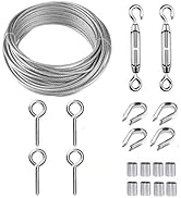 Cable railing kit components: steel wire rope, turnbuckles, eye screws, thimbles, and ferrules. Set includes multiple pieces of each hardware type for DIY installation.