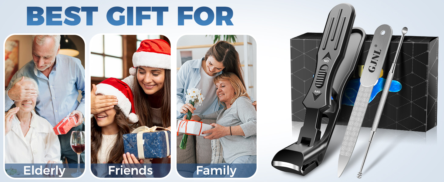 Professional hair clipper set with black trimmer and silver scissors displayed next to retail packaging. Marketing images show suggested gift recipients.