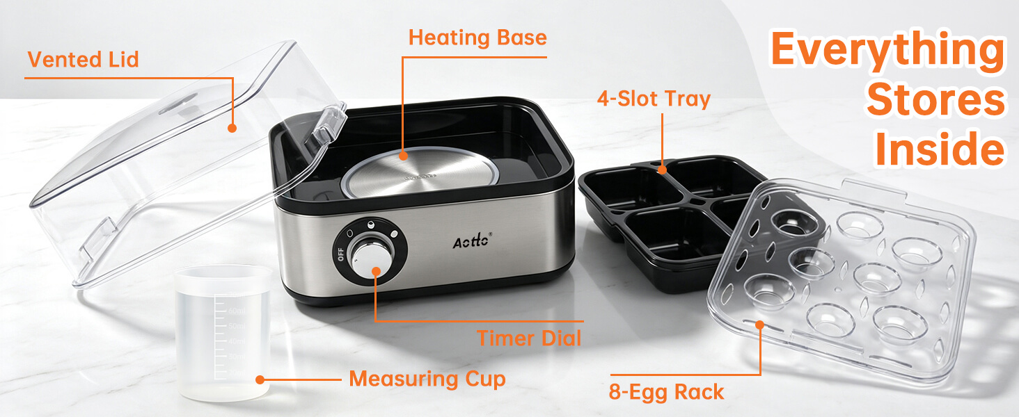 Text reads 'Vented Lid', 'Heating Base', 'Everything Stores Inside', '4-Slot Tray', 'Measuring Spoons', 'Egg Rack'. Compact multi-function kitchen appliance with black cooking surface and stainless steel accents showing accessories.