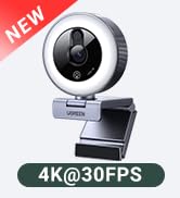 UGREEN 4K Webcam with Ring Light Autofocus, Privacy Cover Mic for Streaming | 4K@30fps/1080P@60fp...