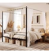 Giantex King Size Metal Canopy Bed Frame, Modern Platform Bed Frame with 4 Poster & Headboard, Ma...
