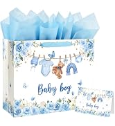 Yusenguan 13" Large Baby Boy Gift Bag for Baby Shower, Kids Birthday | Blue Floral Gift Bag Set w...