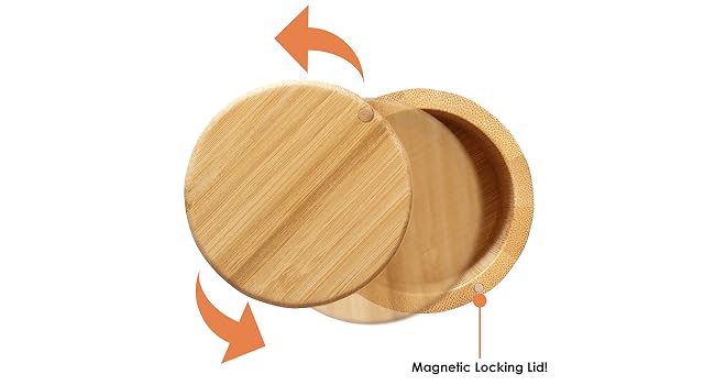 The lid of the Triple Bamboo Salt Box with Magnetic Swivel Lid swiveling out.