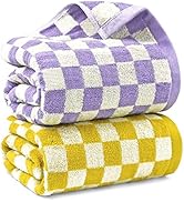Jacquotha Checkered Bath Towel Set in Yellow and Lilac, Soft Colorful Bath Towels for Bathroom Sp...