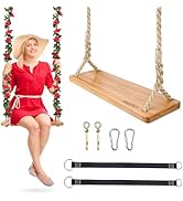 Premkid Hanging Wooden Swing, Swing Seat 24"x 8"x 1.2", Tree Swing for Adults Kids, Adjustable Th...