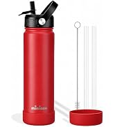 Mininoo 24 oz Insulated Ceramic-Lined Water Bottle with Straw, Red | Double-Wall Insulation, Dust...