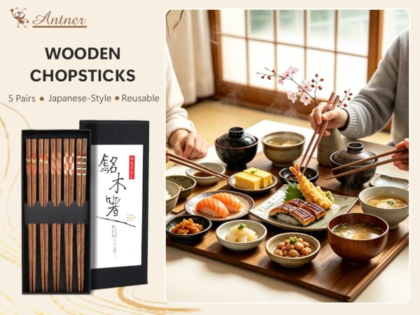 Hardwood Chopsticks Reusable Japanese Style Dishwasher Safe Wooden Chop Sticks