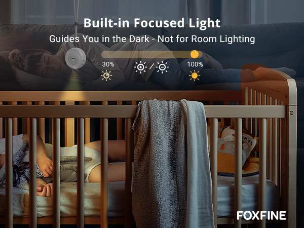 Sleeping baby in crib with soft amber focused light, showing bedtime comfort