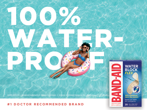 Band-Aid Brand Water Block Flex packaging over an image of a woman on a pool float