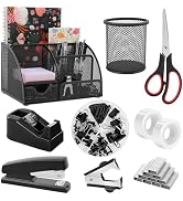 SKYDUE Black Office Supplies, Mesh Desk Organizer, Stapler, Tape Dispenser, Scissors, Binder/Pape...