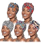 DRESHOW 5 Pack Knotted Headwraps for Women African Turban Pre-Knotted Beanie Headwraps Hair Covers
