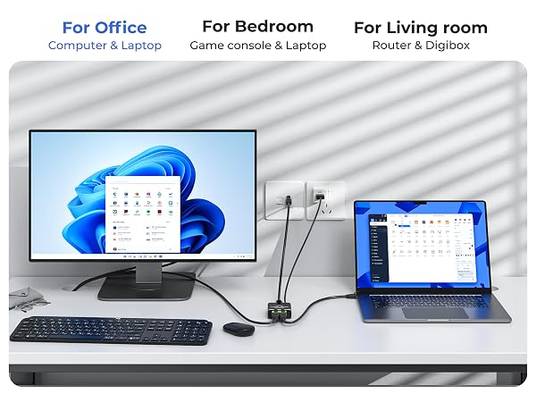 internet cable splitter for office, connects to desktop computers, laptops, or printers