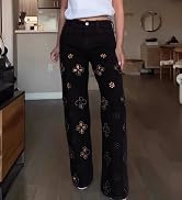 Women's Casual Straight Leg Pearl Embellished Jeans Summer High Waisted Denim Pants with Floral O...