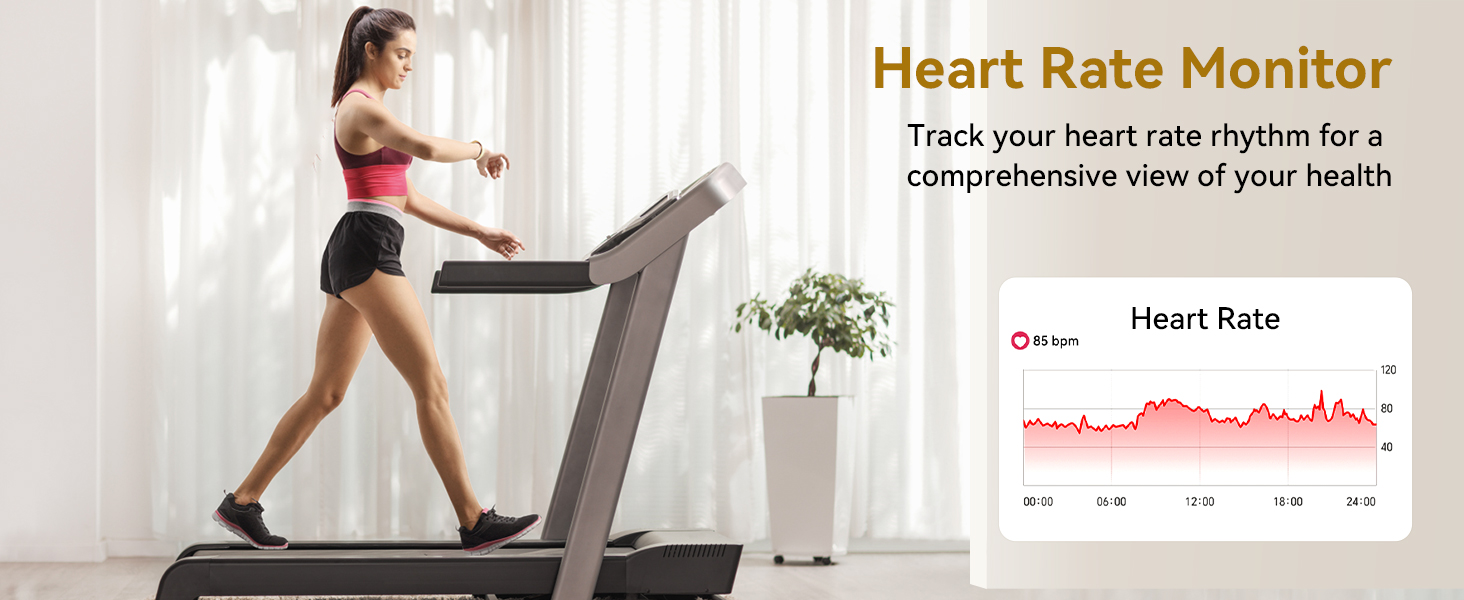 A woman wearing a watch is monitoring her heart rate on a treadmill